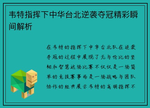 韦特指挥下中华台北逆袭夺冠精彩瞬间解析 韦特指挥下中华台北逆袭夺冠精彩瞬间解析