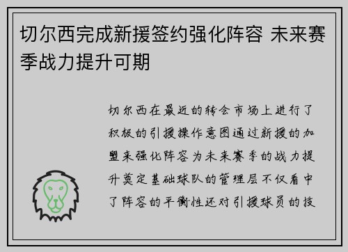 切尔西完成新援签约强化阵容 未来赛季战力提升可期